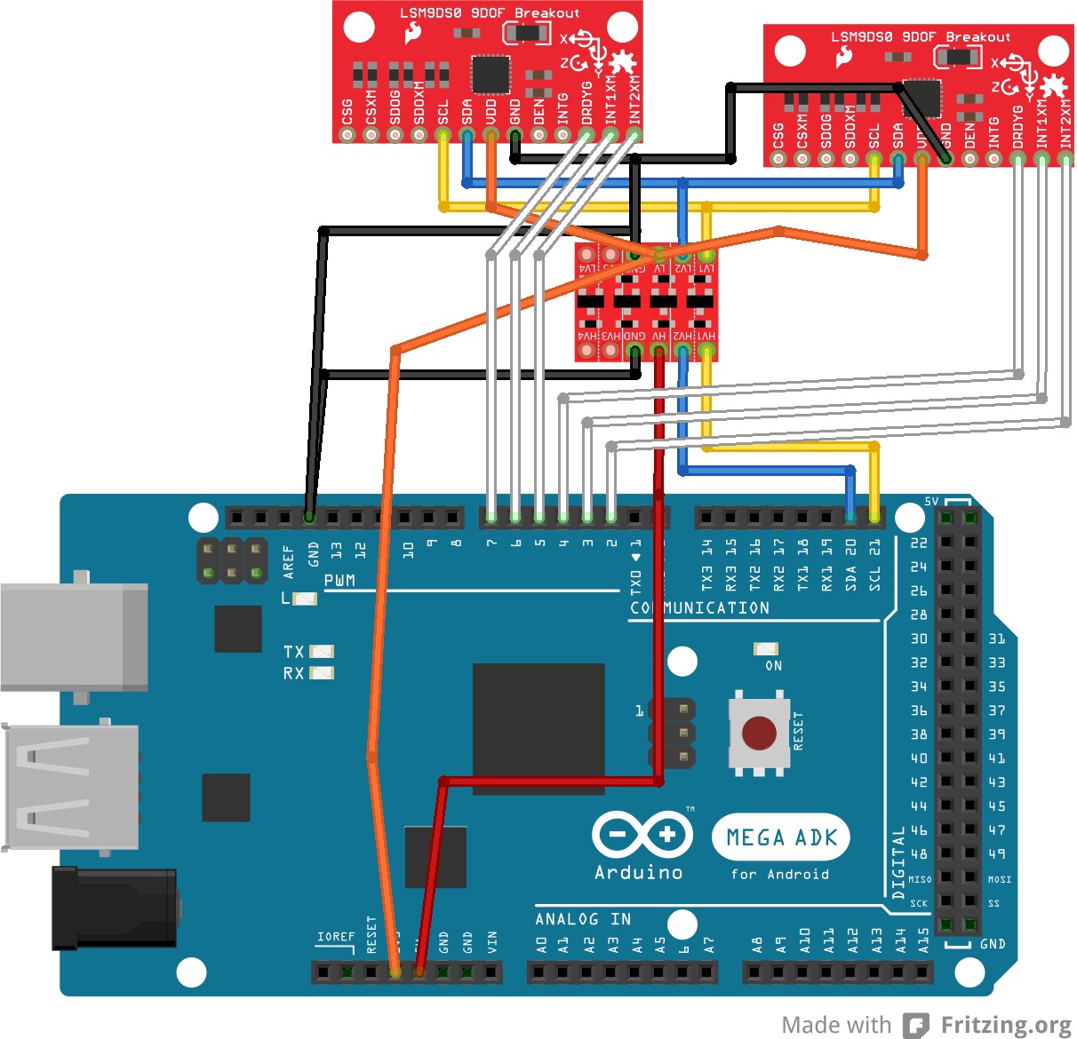 Arduino Mega ADK and dual nine-axis IMU experiment wiring diagram