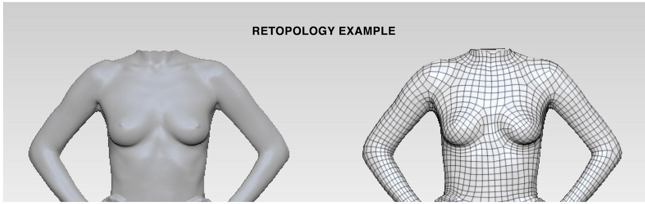 Raw scan beside a retopologized animation-ready mesh
